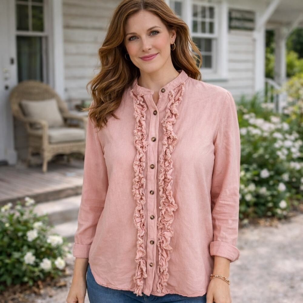 Pilcro Peach Ruffle Button Front Long Sleeve Top Small